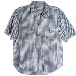 Banana Republic Men's Size L Pearl Snap Plaid Blue Short-Sleeve Button Down